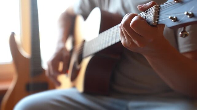 A man is playing an acoustic guitar, focusing intently on the strings. Another guitar rests nearby, emphasizing the musical atmosphere in the sunlight.