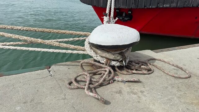 Ropes are tightly wrapped around a mooring bollard on a concrete dock. A red boat rests nearby on the water under clear skies.