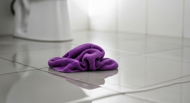 Pano de microfibra roxo no ch&atilde;o molhado do banheiro perto do vaso sanit&aacute;rio. Conceito de vazamento de &aacute;gua, limpeza ou problema de encanamento