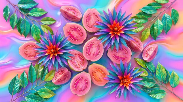 Surreal gradient bold plastic melting style guavas and bromeliads 