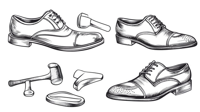 Artistic black and white illustration of footwear two pairs of shoes and shoemaking tools