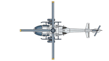 A vector CAD illustration of a helicopter viewed from above showing its metallic components and rotor blades © Stock Image Paradise