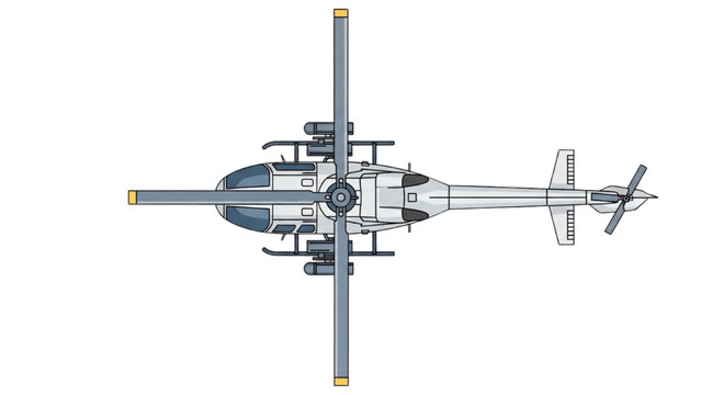 A vector CAD illustration of a helicopter viewed from above showing its metallic components and rotor blades