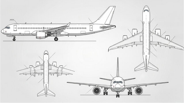 Vector CAD drawings of an airplane in various views and angles