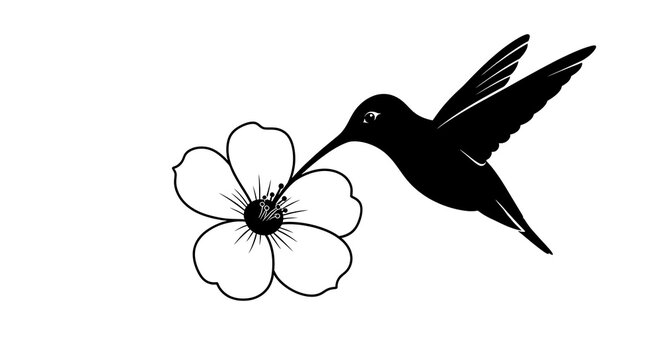 A detailed illustration of a hummingbird drinking nectar from a delicate flower, captured in a minimalist black and white design