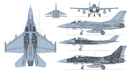 Fototapeta premium Detailed vector CAD drawings of military fighter jet in various views