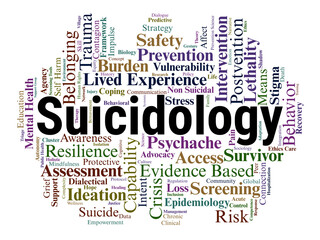 Fototapeta premium Suicidology Word Cloud. A Visual Map of Risk Assessment, Psychache, Intervention Strategies, Postvention Support, and Interpersonal Theories within the Mental Health Landscape.