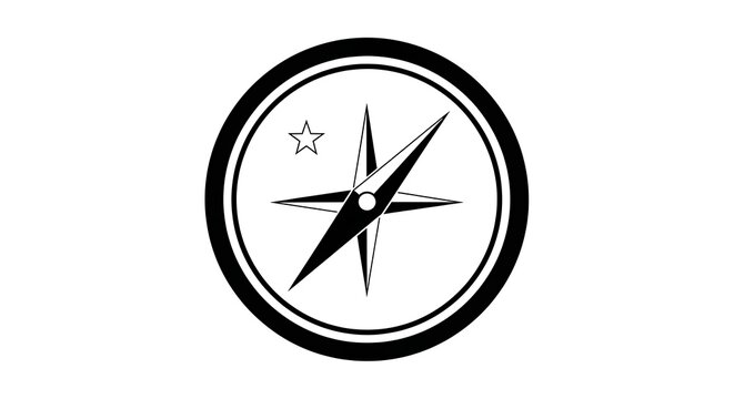 Classic Black and White Compass Symbol Representing Direction, Navigation, and Exploration with a Star Accent