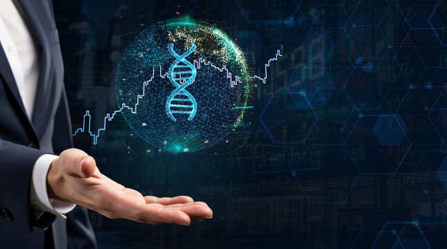 Biotech market growth and genetic research investment, businessman holding holographic DNA molecule with rising financial chart over digital globe