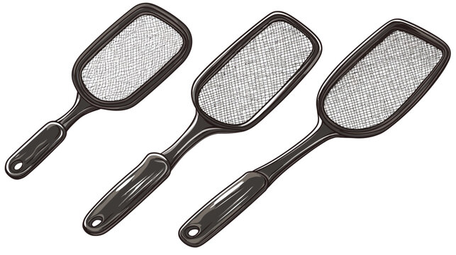 Three illustrated fly swatters on white background with different angles. Vector illustration, cartoon