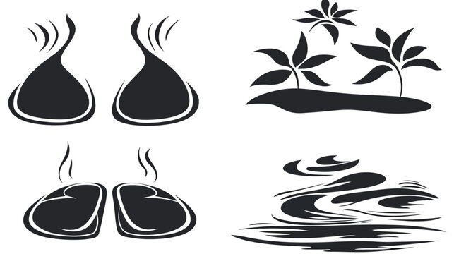 A collection of stylized, black and white illustrations featuring abstract shapes and natural elements
