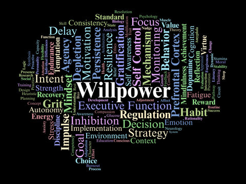 Willpower Word Cloud. Exploration of Self Control Mechanisms, Delayed Gratification, Executive Functions, and Cognitive Strategies for Goal Persistence and Impulse Management.