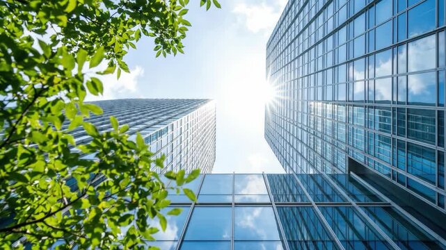 ESG corporate sustainability report responsibility transparency strategy accountability ethics compliance guide featuring modern reflected glass skyscraper architecture with green leaf foreground