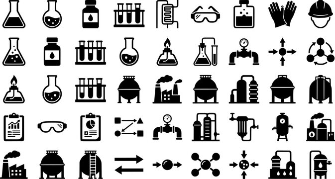 Innovative Recycling Icons. Outline icon set of innovative recycling methods: chemical reactor, solvent bottle
