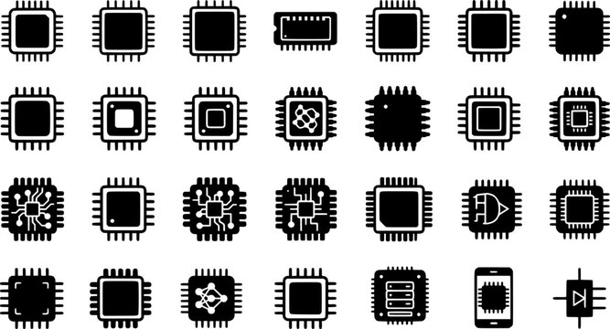 Chip Icon Set. Outline icon set of chip types: microchip, CPU, GPU, memory chip, FPGA, ASIC, microcontroller, sensor chip. Line icons in only black
