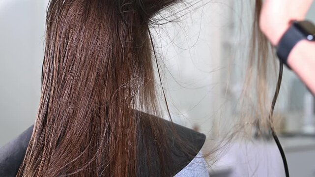 A hairdresser blow-dries a client's long, natural, dark hair with a round brush and a styler at a salon. Professional hair styling and care at the hair salon.
