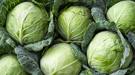 Fototapeta premium Fresh Organic Emerald Green Cabbage Heads with Intricate Leaf Patterns and Natural Textures