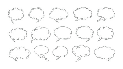 Obraz premium Dialog Clouds Vector: A collection of various comic-style dialog clouds, each uniquely shaped with clean outlines. Expressing ideas and sentiments with this diverse array of blank speech bubbles