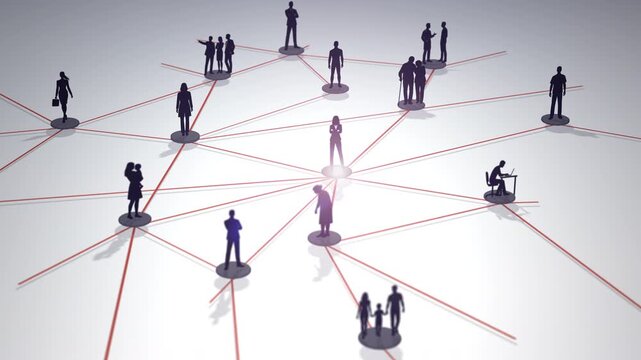 Abstract visualization of professional network connections with silhouetted people linked by red lines, symbolizing relationships, communication and business structure.