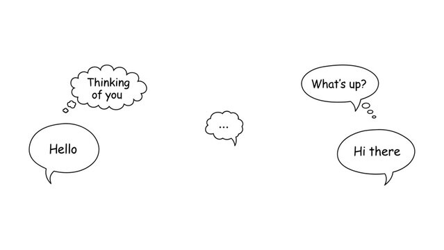 Communication bubble: Simple drawings of dialogue bubbles displaying various phrases such as Hello, Thinking of you, What's up?, and Hi there. The image conveys simplicity, interaction.