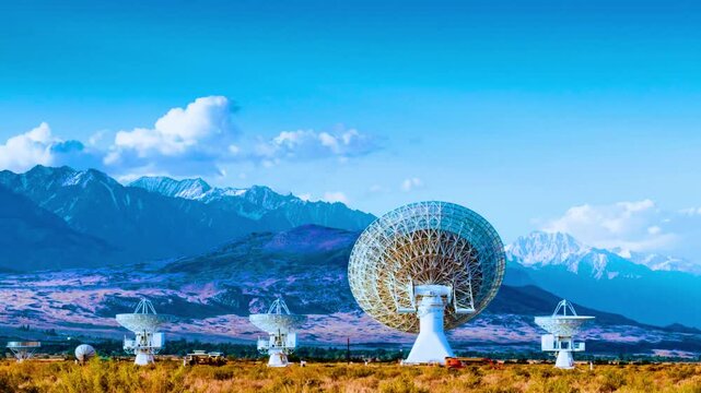 Satellite dishes collect signals under blue sky with mountains.