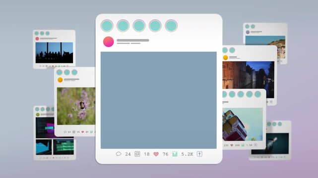 Large social media post interface template with blank content area surrounded by smaller posts, highlighting engagement icons, metrics and digital content interaction.