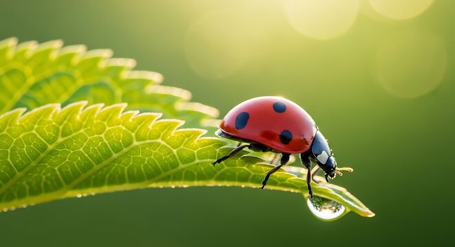 Macro photograph of a vibrant red ladybug with black spots traversing a dew-kissed green leaf's serrated edge, bathed in soft golden sunlight.