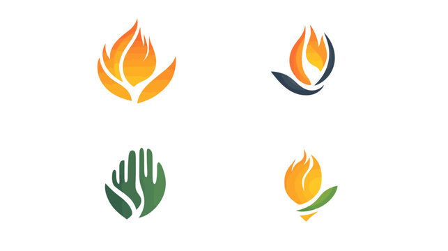 Collection of stylized logo designs, featuring flames and hand motifs in shades of orange, green, and blue
