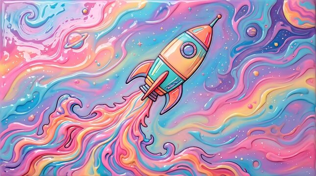 Surreal gradient bold plastic melting style a rocket flying 