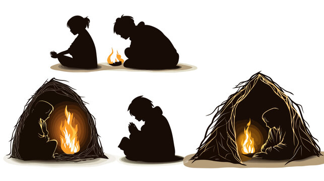 Silhouetted figures in various poses around flames or inside rudimentary shelters