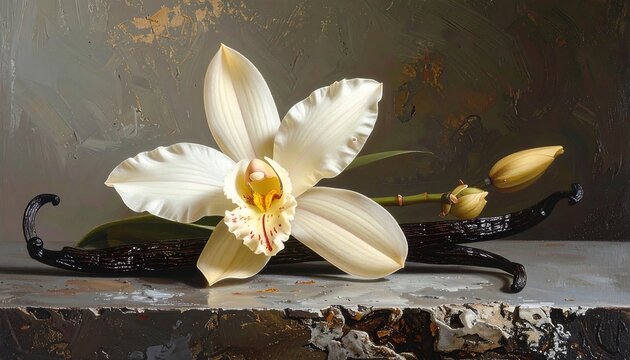 A white orchid with a yellow center sits on a stone surface