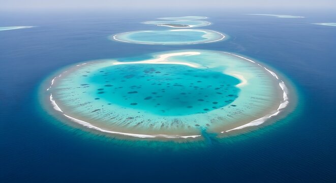 Serene aerial perspective of a vibrant turquoise coral atoll showcasing intricate reef patterns, sunlit shallow waters, and distant island chains in a tranquil ocean expanse.