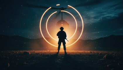 Fototapeta premium Silhouetted Soldier Standing in Front of Neon Circular Rings at Night