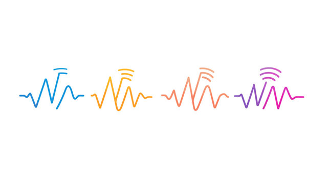 A set of four gradient-colored waveform graphics with stylized signal elements above
