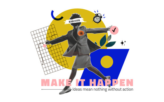 Execution and action business concept poster with dynamic woman collage and abstract design