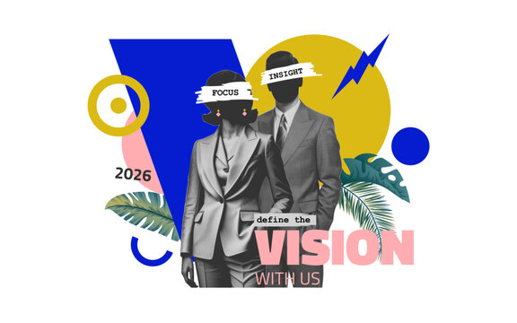 Vision driven business growth concept with creative collage of professionals and abstract geometric design