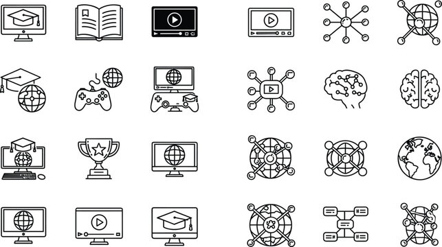 Digital education and online learning line icon set with graduation, video courses, global network, technology, and knowledge sharing concepts