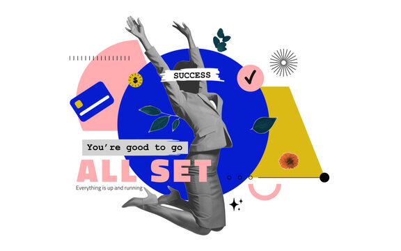 Success and completion concept poster with business woman collage and abstract UI elements