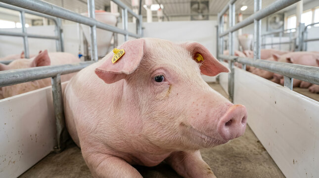 Close-up of a pink pig with an ear tag lying down in a modern farm enclosure