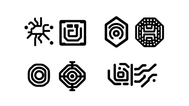 Set of graphic icons featuring geometric shapes and intricate patterns in black on a white background