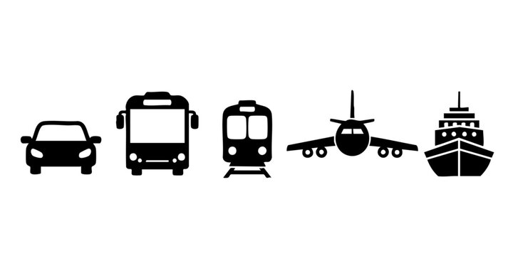 Various transportation modes including car, bus, train, airplane, and ship icons on white