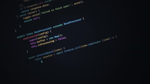 Colorful code editor on dark screen. Developer writing async script class. Syntax highlighting in cinematic style. Software engineering and web development concept.