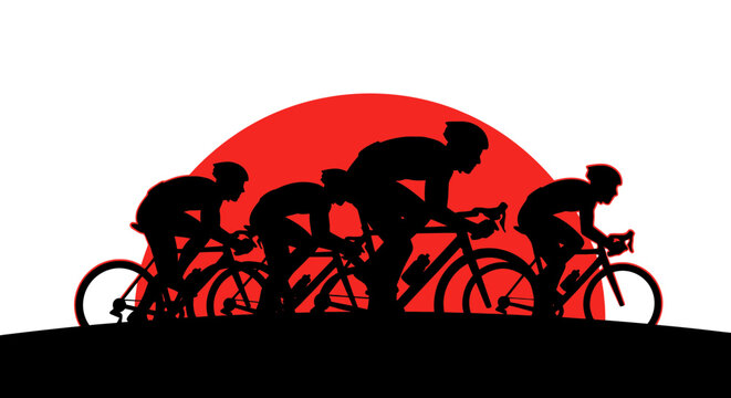 Cyclists Silhouetted Against Red Sun During Race