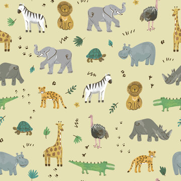 Cute Safari Animals Seamless Pattern Nursery Style

