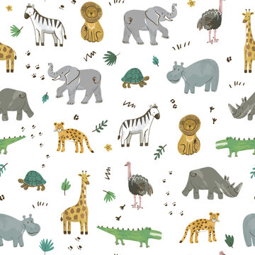 Seamless Safari Animals Pattern Cute Jungle Nursery Background