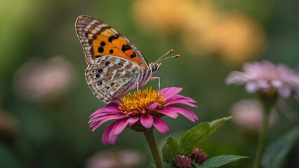 Naklejka premium A Painted Lady butterfly perches on a vibrant pink flower with a yellow center in a lush garden.