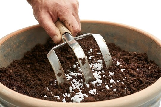 hand using garden fork to mix perlite in pot. Potting and repotting plant preparation