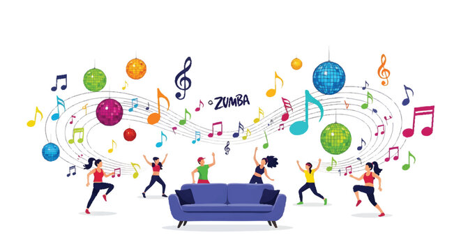 Zumba dancers around a couch with colorful music notes and symbols