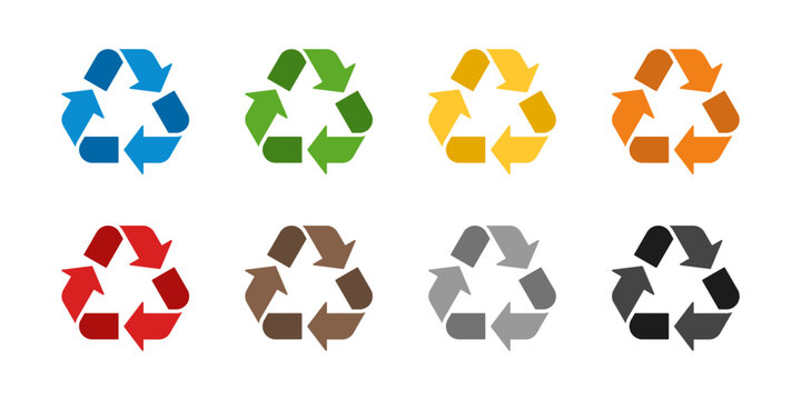Colored eco recycle symbol set, triangle triple arrow for waste sorting. Vector