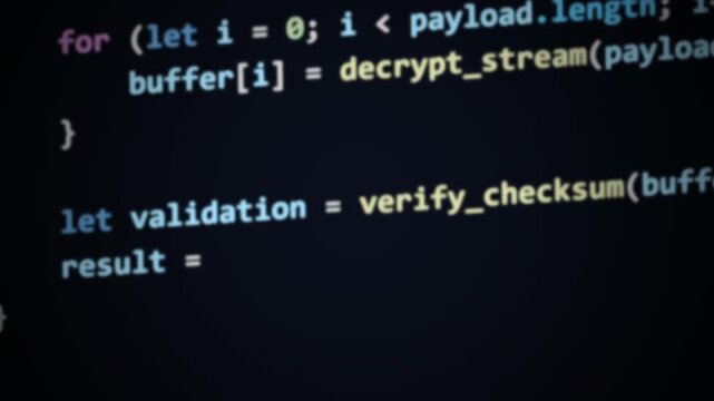 Buffer overflow error highlighted in code editor. Red alert on dark programming screen. Decrypt and validate function logic shown. Cybersecurity vulnerability concept.